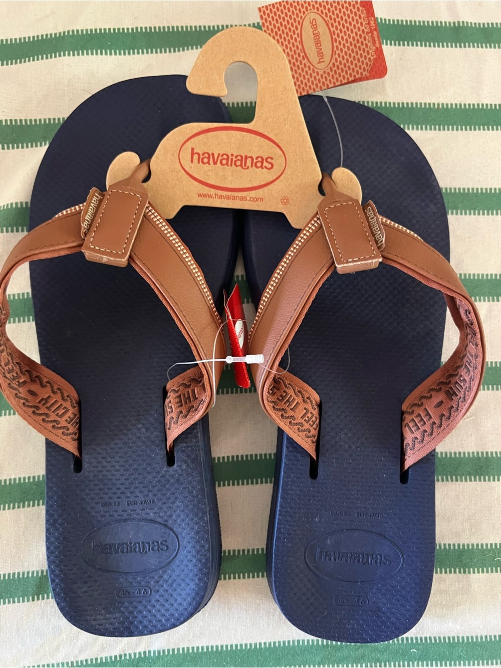 Havaianas Men's Navy and Brown Leather-Trim Flip Flops nwt sz 13